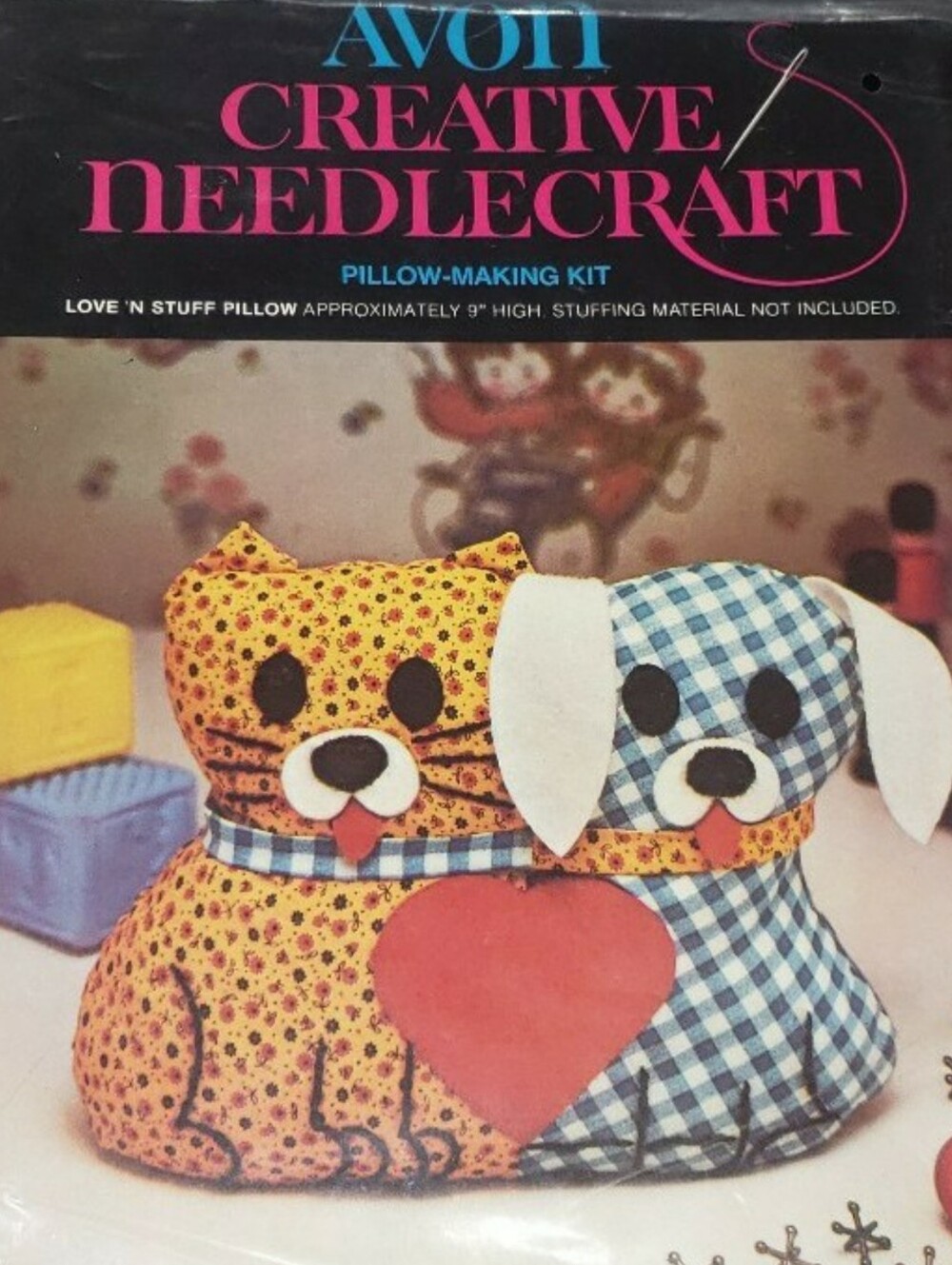 Vintage Avon Creative Needlecraft Puppy & Kitty "Love 'N Stuff Pillow" Pillow Ma